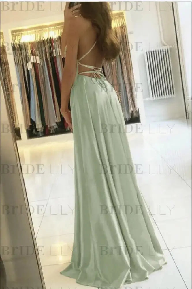 Simple Prom Dress Long With Spaghetti Straps Front Slit Satin Evening Dress