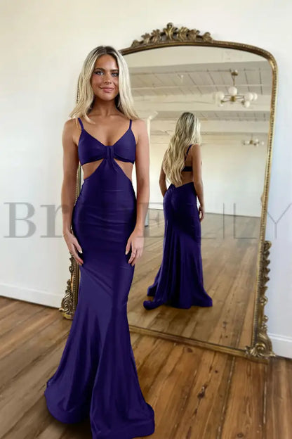 Simple Red Spaghetti Strap Long Mermaid Prom Dress with Taping Detail