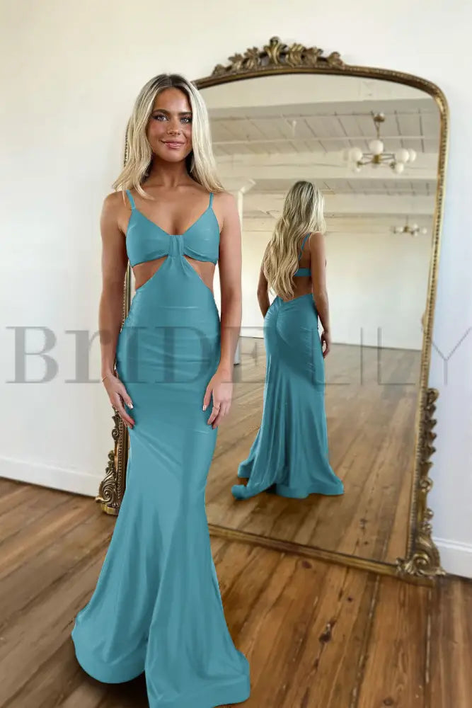 Simple Red Spaghetti Strap Long Mermaid Prom Dress with Taping Detail