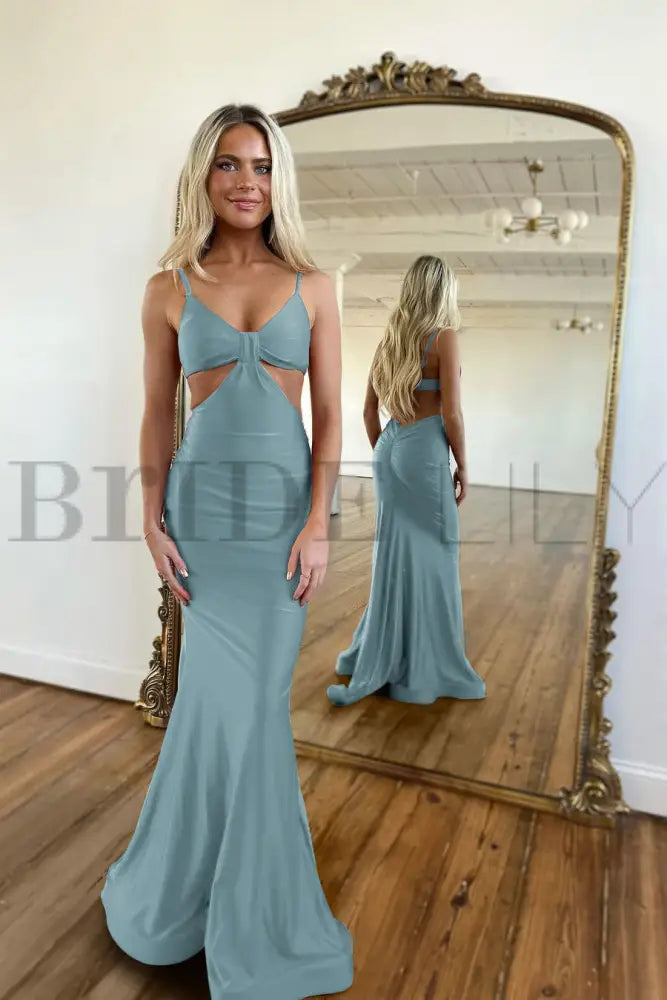 Simple Red Spaghetti Strap Long Mermaid Prom Dress with Taping Detail