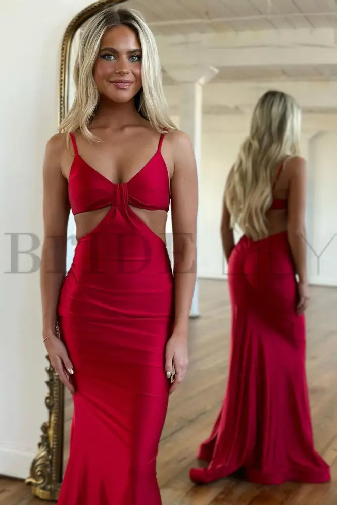 Simple Red Spaghetti Strap Long Mermaid Prom Dress with Taping Detail