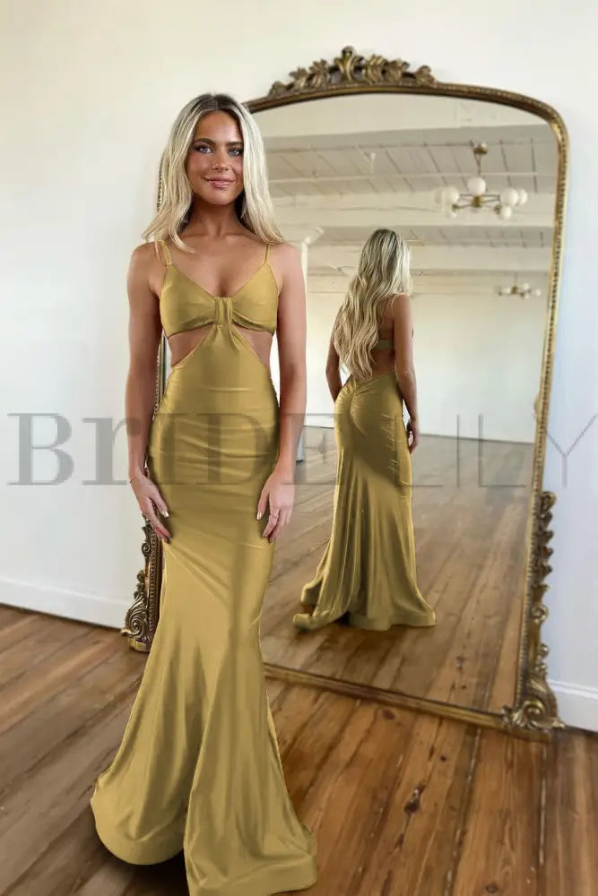 Simple Red Spaghetti Strap Long Mermaid Prom Dress with Taping Detail