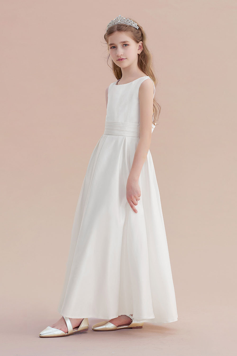 Simple Sleeveless Jewel A-line Flower Girl Dress with Handmade Flowers