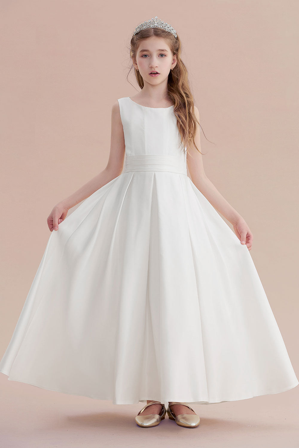 Simple Sleeveless Jewel A-line Flower Girl Dress with Handmade Flowers