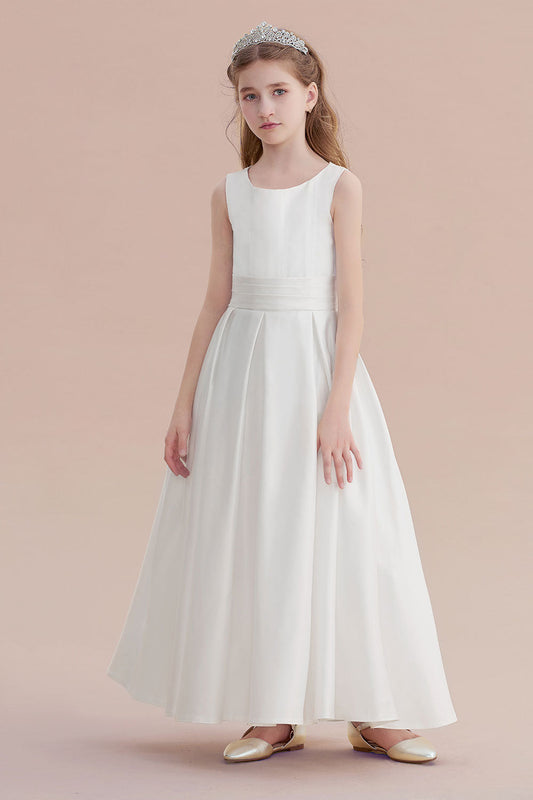 Simple Sleeveless Jewel A-line Flower Girl Dress with Handmade Flowers