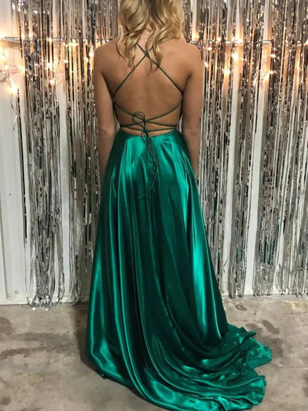 Simple V Neck Backless Green Satin Long Prom Dresses with High Slit, Backless Green Formal Dresses, Green Evening Dresses