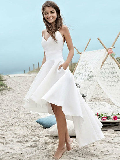 Simple V-neck Hi-Lo Wedding Dress with Pockets
