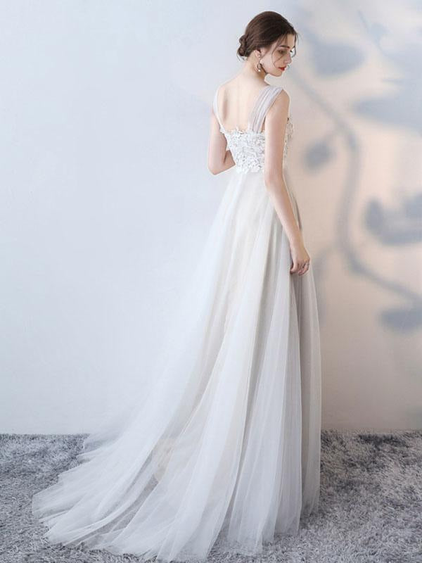 Simple Wedding Dres A Line Jewel Neck Sleeveless Bows Lace Tulle Bridal Dresses