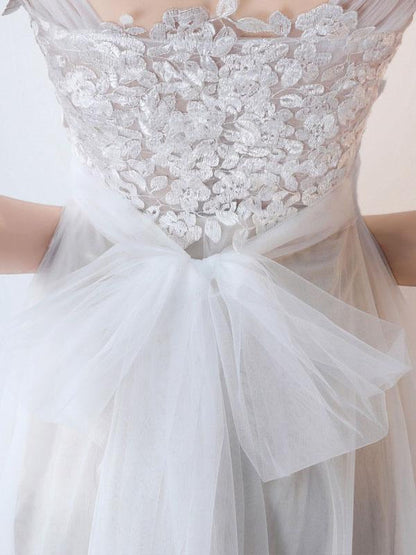 Simple Wedding Dres A Line Jewel Neck Sleeveless Bows Lace Tulle Bridal Dresses