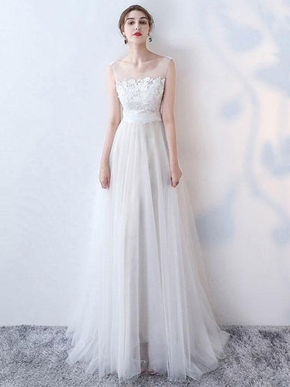 Simple Wedding Dres A Line Jewel Neck Sleeveless Bows Lace Tulle Bridal Dresses