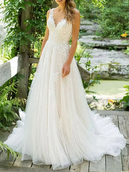 Simple Wedding Dress A Line V Neck Sleeveless Floor Length Beach Bridal Dresses With Train