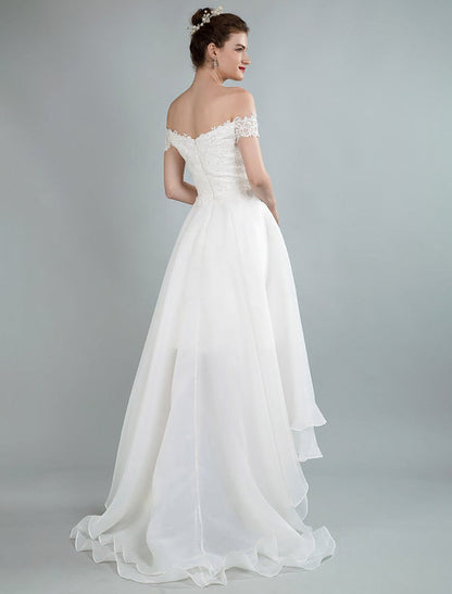 Simple Wedding Dress A Line Off The Shoulder Sleeveless Lace Bridal Dresses With Train Exclusive