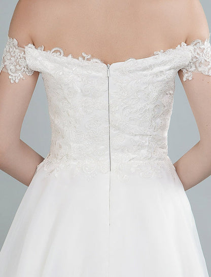 Simple Wedding Dress A Line Off The Shoulder Sleeveless Lace Bridal Dresses With Train Exclusive