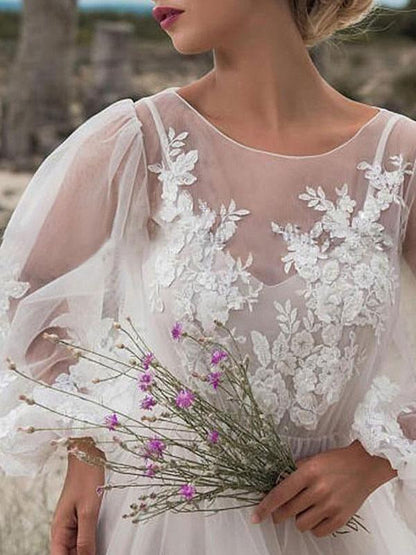 Simple Wedding Dress A Line Tulle Jewel Neck Long Sleeves Lace Bridal Dresses