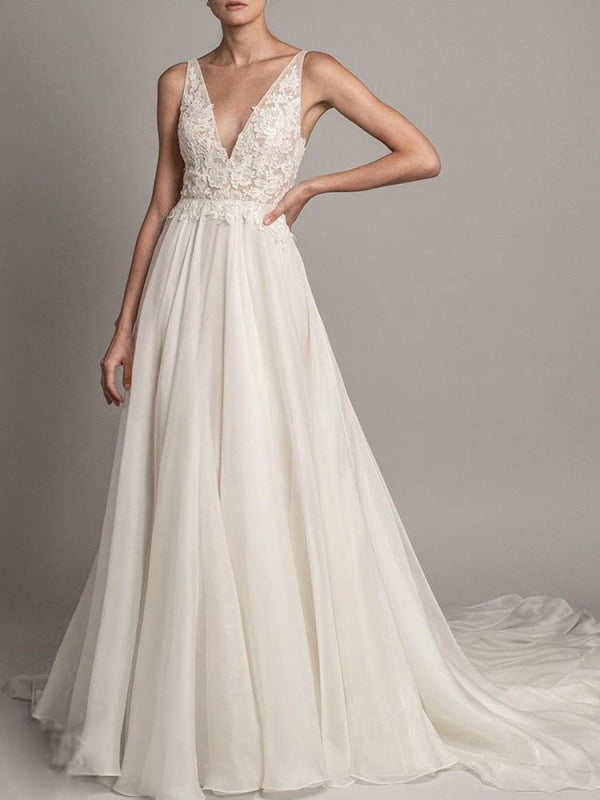 Simple Wedding Dress A Line V Neck Sleeveless Beaded Bridal Dresses With Train