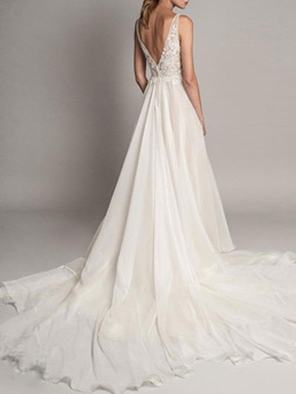 Simple Wedding Dress A Line V Neck Sleeveless Beaded Bridal Dresses With Train