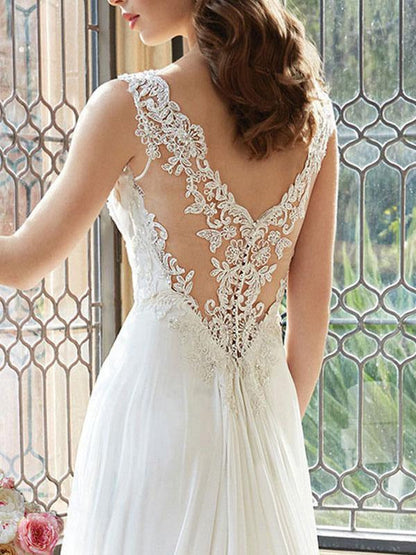 Simple Wedding Dress A Line V Neck Sleeveless Floor Length Lace Bridal Gowns