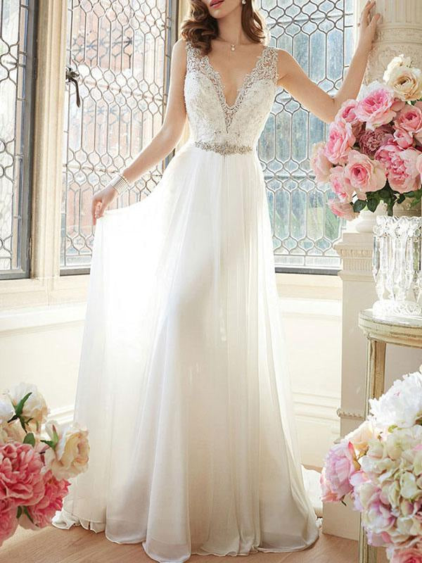 Simple Wedding Dress A Line V Neck Sleeveless Floor Length Lace Bridal Gowns