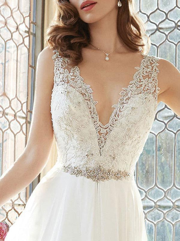 Simple Wedding Dress A Line V Neck Sleeveless Floor Length Lace Bridal Gowns