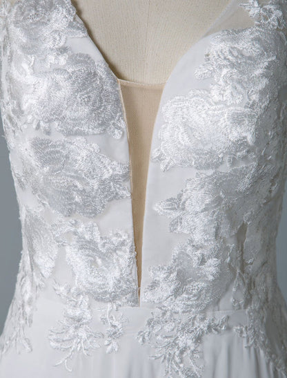 Simple Wedding Dress A Line V Neck Sleeveless Lace Illusion Back Bridal Gowns