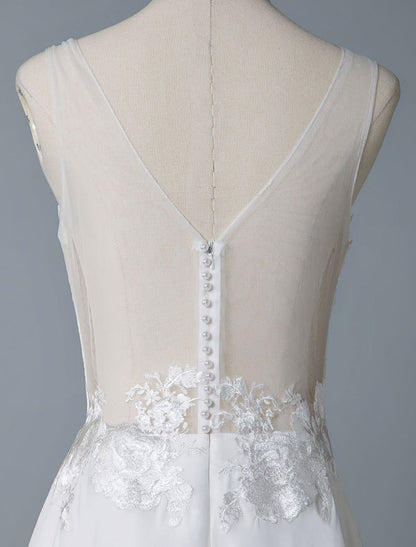 Simple Wedding Dress A Line V Neck Sleeveless Lace Illusion Back Bridal Gowns