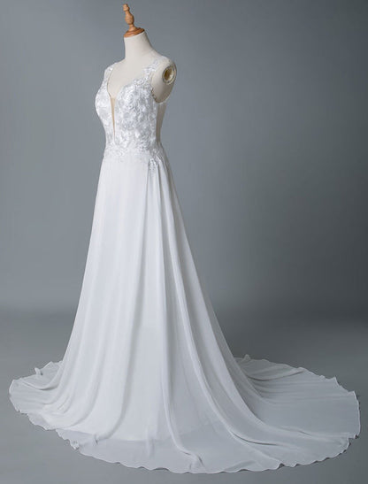 Simple Wedding Dress A Line V Neck Sleeveless Lace Illusion Back Bridal Gowns