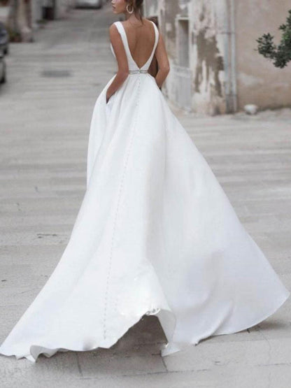 Simple Wedding Dress A Line V Neck Sleeveless Sash Bridal Dresses With Train