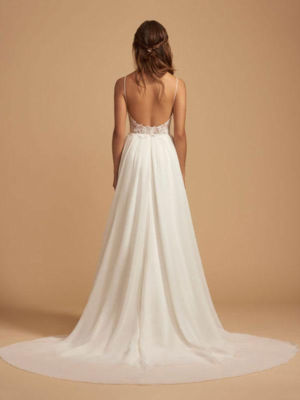 Simple Beach Wedding Dress A Line V Neck Sleeveless Lace Chiffon Bridal Dresses with Straps