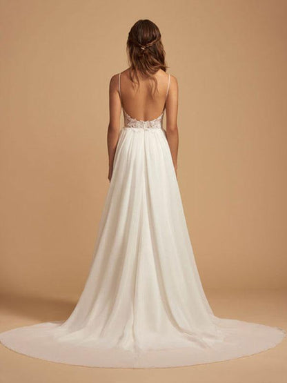 Simple Beach Wedding Dress A Line V Neck Sleeveless Lace Chiffon Bridal Dresses with Straps
