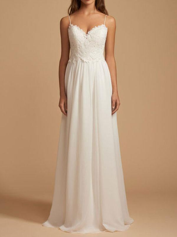 Simple Beach Wedding Dress A Line V Neck Sleeveless Lace Chiffon Bridal Dresses with Straps