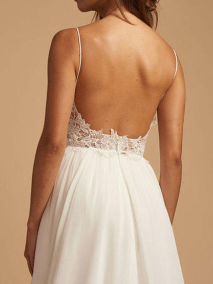 Simple Beach Wedding Dress A Line V Neck Sleeveless Lace Chiffon Bridal Dresses with Straps