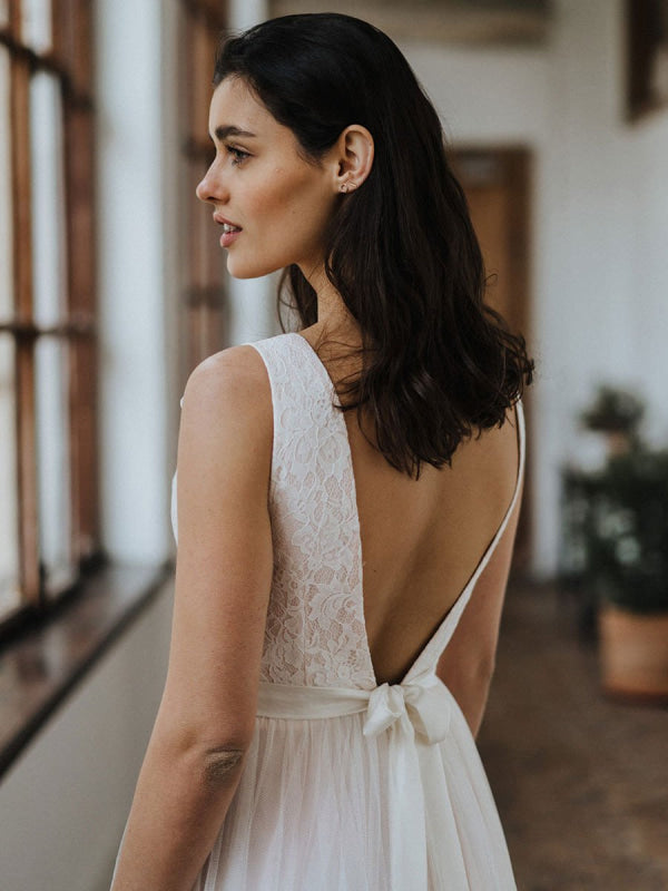 Simple Wedding Dress Backless Bridal Gowns Chiffon V-Neck A-Line Bridal Dresses