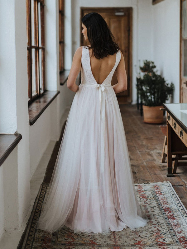Simple Wedding Dress Backless Bridal Gowns Chiffon V-Neck A-Line Bridal Dresses