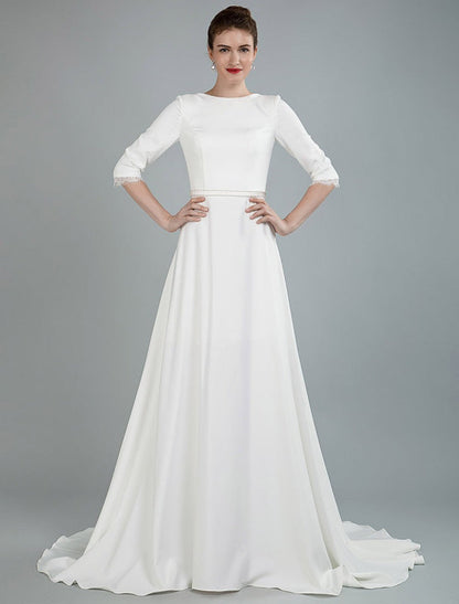 Simple Wedding Dress Beaded Sash Backless Bateau Neck Half Sleeves A Line Bridal Gowns With Court Train