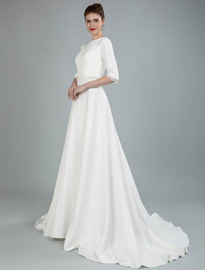 Simple Wedding Dress Beaded Sash Backless Bateau Neck Half Sleeves A Line Bridal Gowns With Court Train