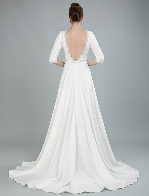 Simple Wedding Dress Beaded Sash Backless Bateau Neck Half Sleeves A Line Bridal Gowns With Court Train