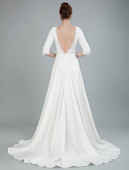 Simple Wedding Dress Beaded Sash Backless Bateau Neck Half Sleeves A Line Bridal Gowns With Court Train