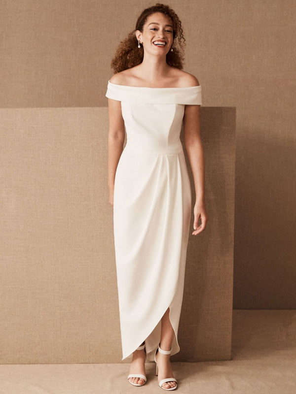 Simple Wedding Dress Black Stretch Crepe Bateau Neck Short Sleeves Pleated Sheath Bridal Gowns
