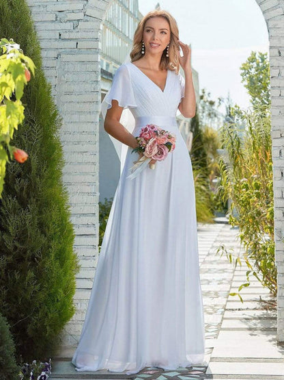 Simple Wedding Dress Chiffon V-Neck Short Sleeves Backless A-Line Long Bridal Gowns