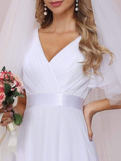 Simple Wedding Dress Chiffon V-Neck Short Sleeves Backless A-Line Long Bridal Gowns