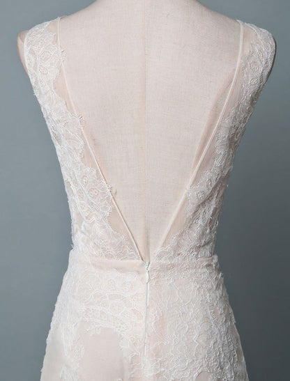 Simple Wedding Dress Lace A Line V Neck Sleeveless Beaded Floor Length Feather Bridal Gowns