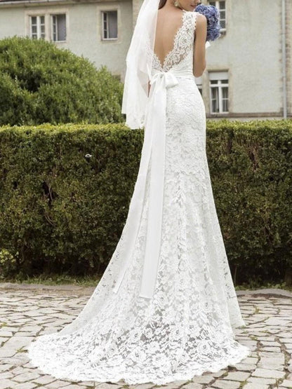 Simple Wedding Dress Lace Jewel Neck Sleeveless Sash Mermaid Bridal Dresses With Train