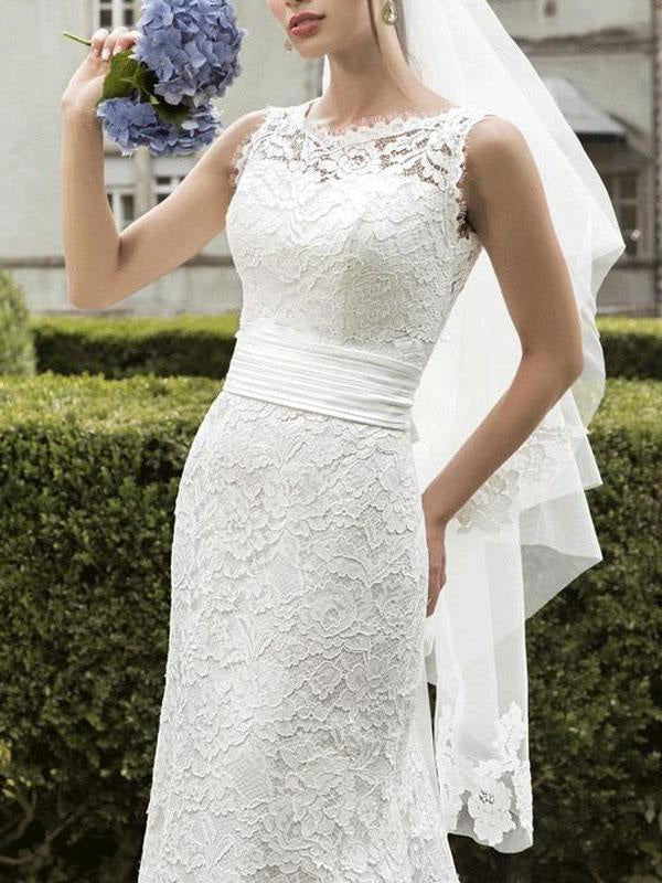 Simple Wedding Dress Lace Jewel Neck Sleeveless Sash Mermaid Bridal Dresses With Train