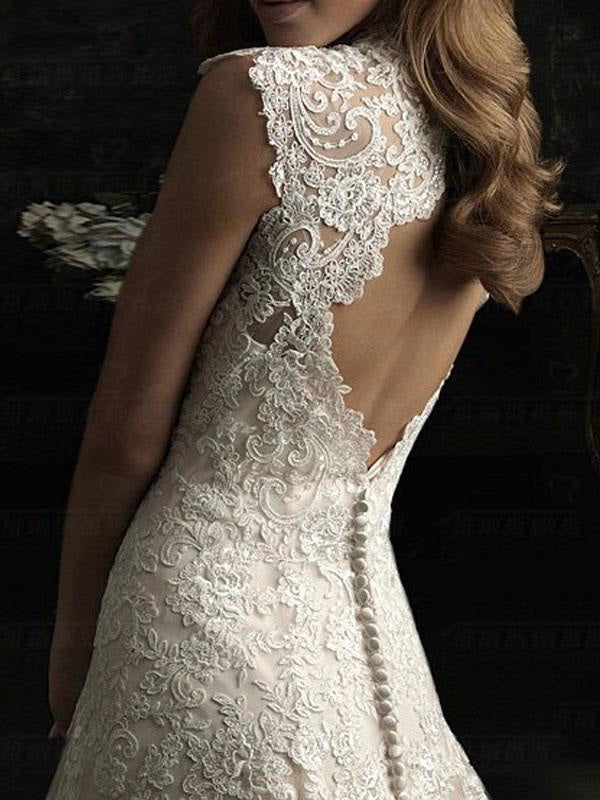 Simple Wedding Dress Lace V Neck Sleeveless Floor Length Backless Tulle Bridal Gowns With Train