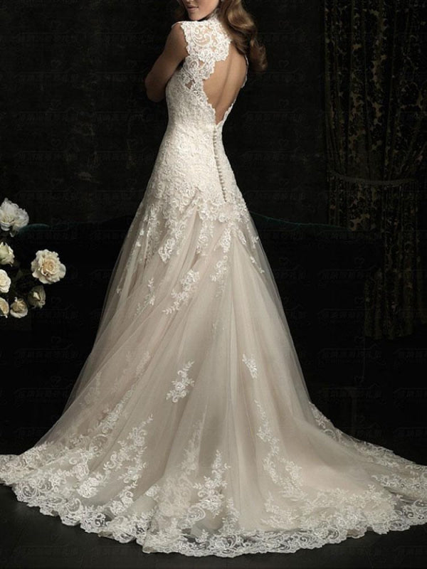 Simple Wedding Dress Lace V Neck Sleeveless Floor Length Backless Tulle Bridal Gowns With Train