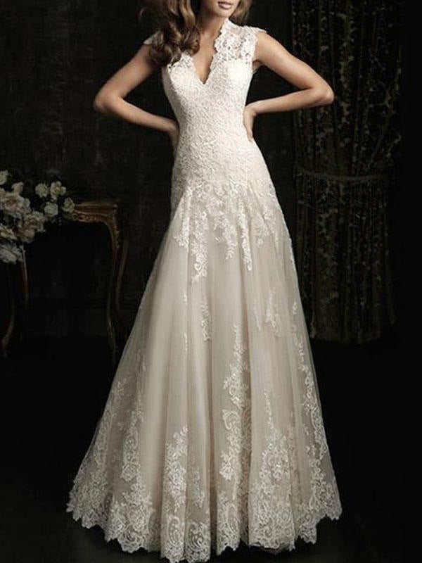 Simple Wedding Dress Lace V Neck Sleeveless Floor Length Backless Tulle Bridal Gowns With Train