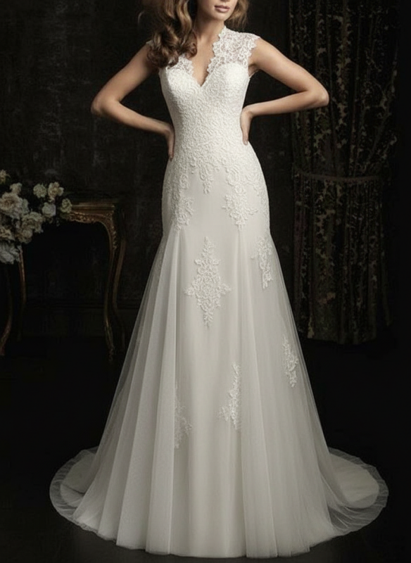 Simple Wedding Dress Lace V Neck Sleeveless Floor Length Backless Tulle Bridal Gowns With Train