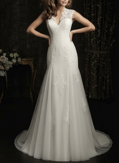 Simple Wedding Dress Lace V Neck Sleeveless Floor Length Backless Tulle Bridal Gowns With Train