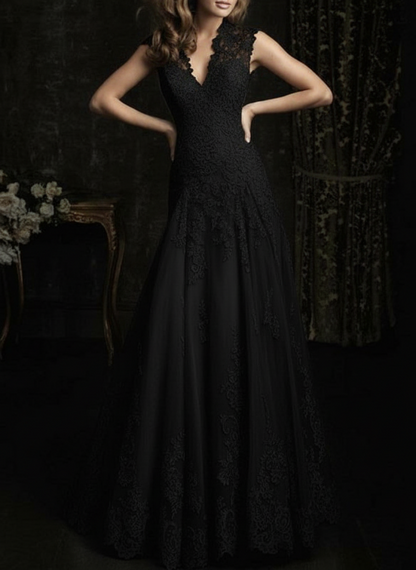 Simple Wedding Dress Lace V Neck Sleeveless Floor Length Backless Tulle Bridal Gowns With Train
