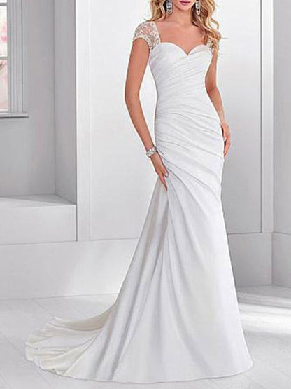 Simple Wedding Dress Spandex Sweetheart Short Sleeves Beaded Mermaid Bridal Dresses